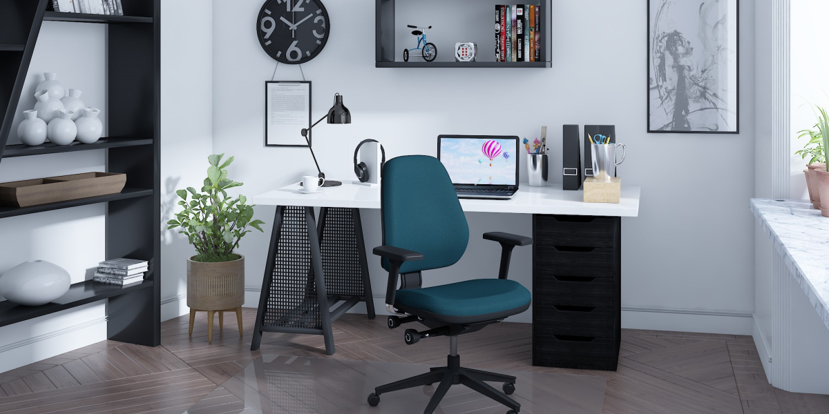 MVMT Pro with teal cloth upholstery shown in home office setting